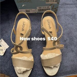 Life Stride Gold Metallic Open-Toe Slingback Heels with Loop Straps